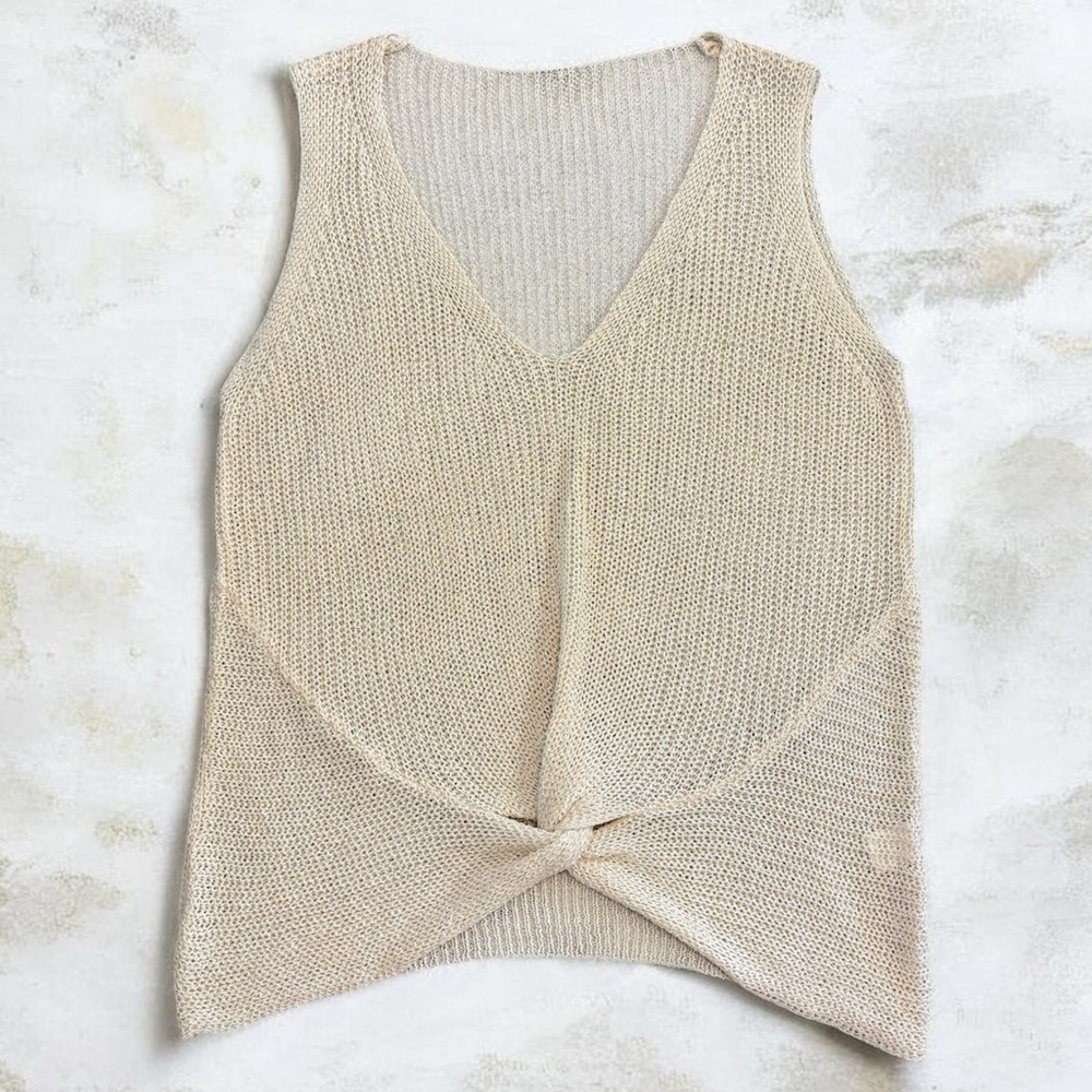 Knot Front V-Neck Knit Tank Top - Cream Women’s Size Medium Bohemian